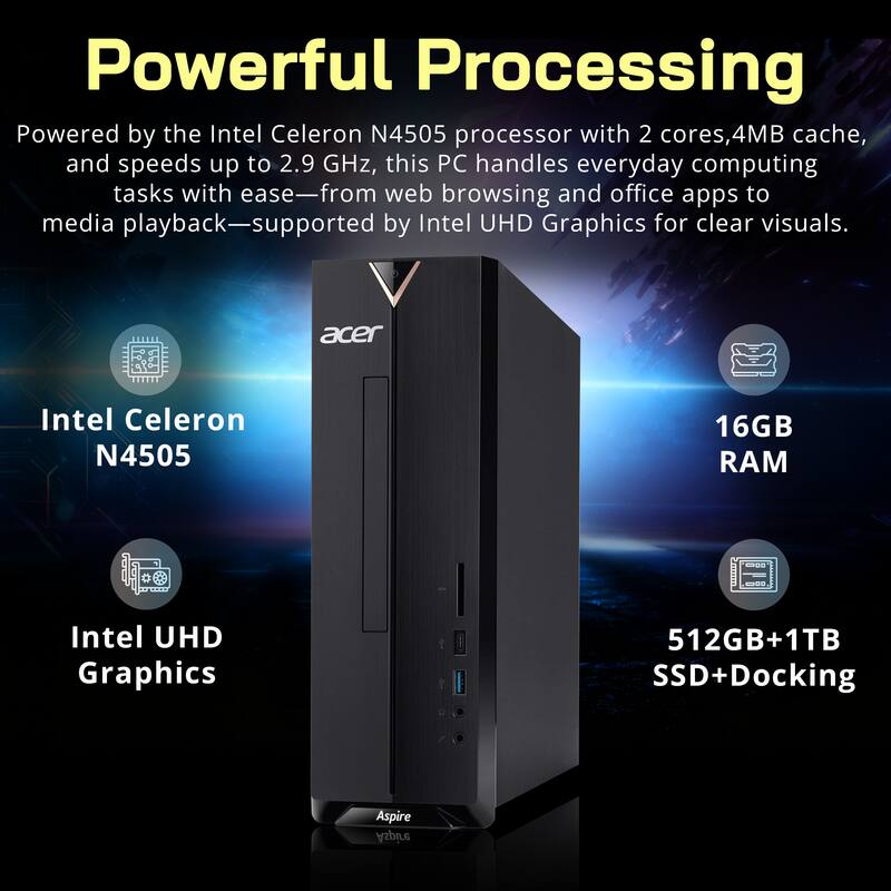 Acer Aspire Desktop, Intel Celeron N4505, 16GB RAM, 512GB SSD+1TB