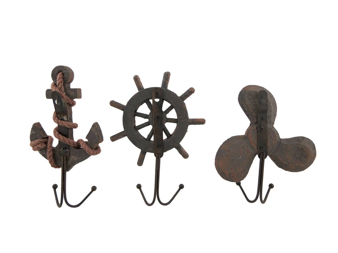 Alt View 2. Zeckos - Set of 3 Weathered Finish Anchor Prop and Wheel Nautical Wall Hooks - Brown.