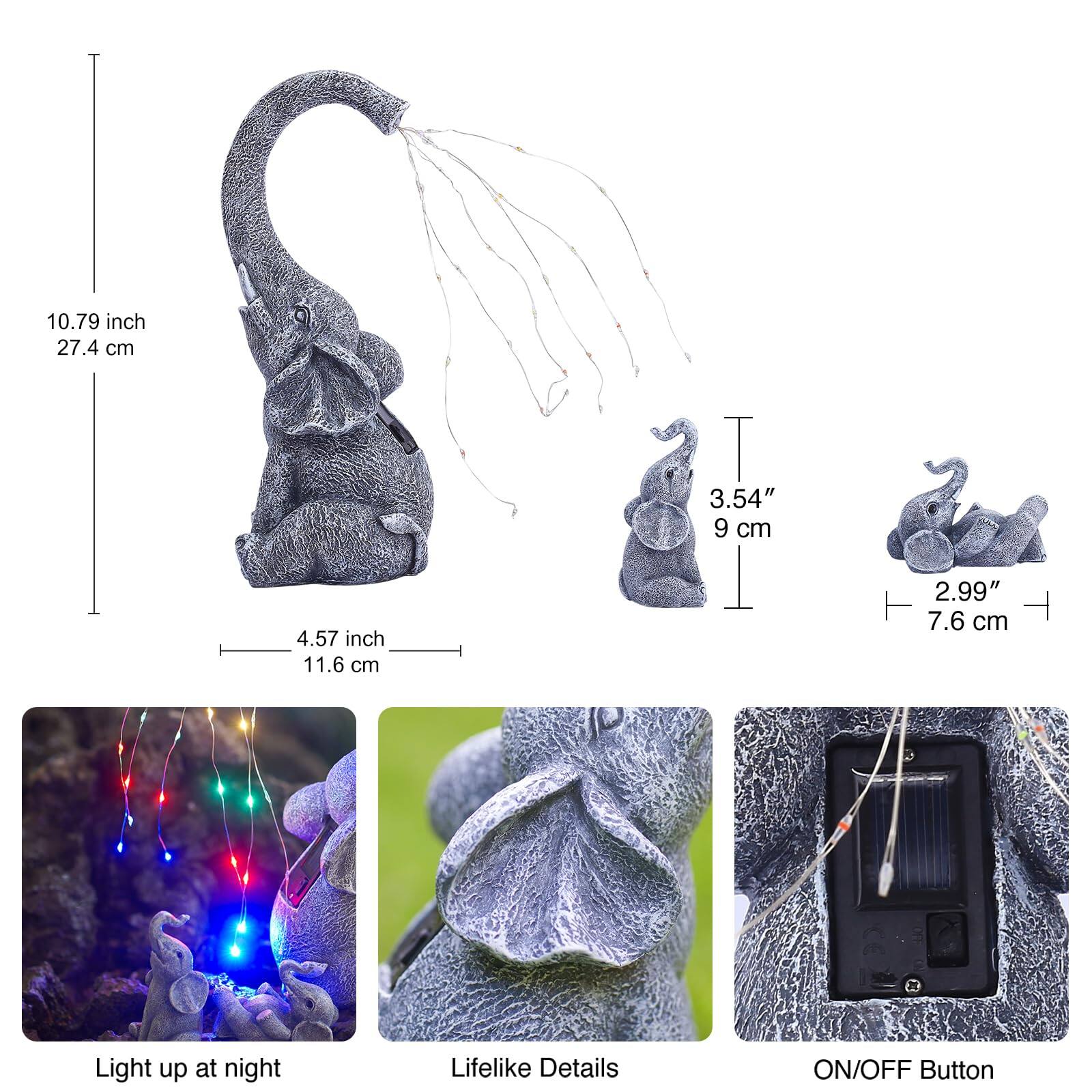 - 10.79 inch / 27.4 cm
- 3.54" / 9 cm
- 4.57 inch / 11.6 cm
- 2.99" / 7.6 cm

- Light up at night
- Lifelike Details
- ON/OFF Button