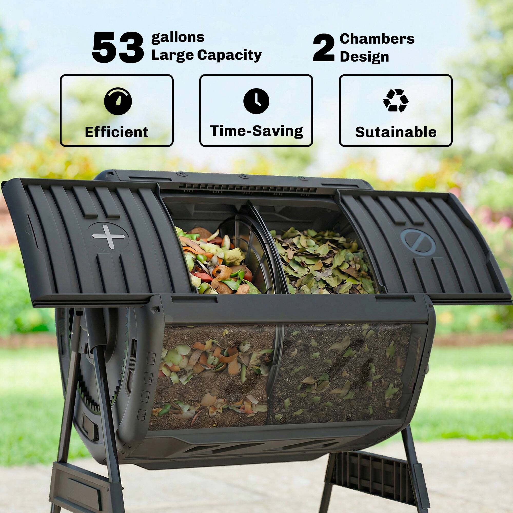 53 gallons  
Large Capacity  

2 Chambers Design  

Efficient  
Time-Saving  
Sustainable