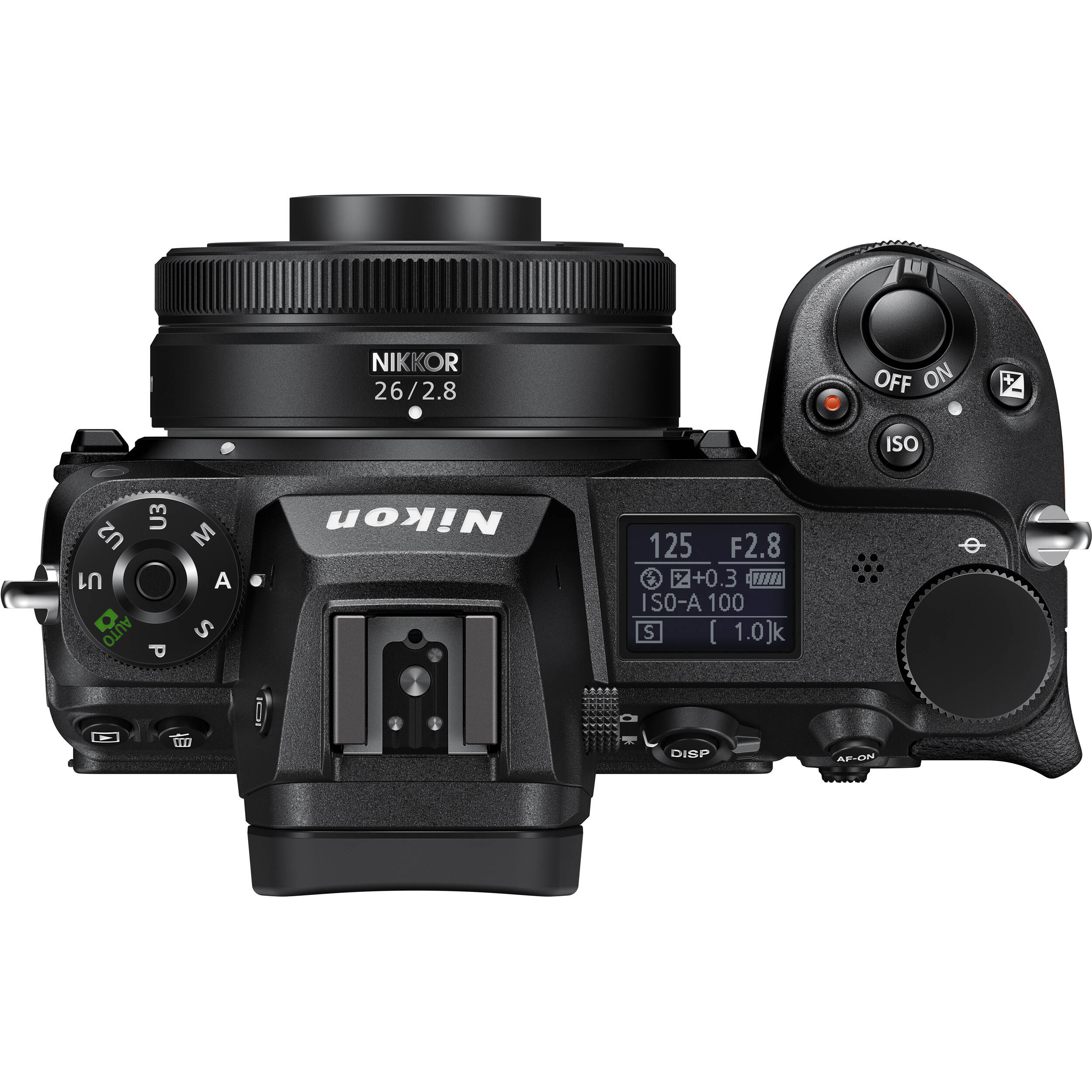 NIKKOR 26/2.8

OFF ON
Z
ISO
U2 U1 AUTO
U3 P
M A S

Nikon

125 F2.8 +0.3 ISO-A 100 S (1.0)jk
DISP
AF-ON