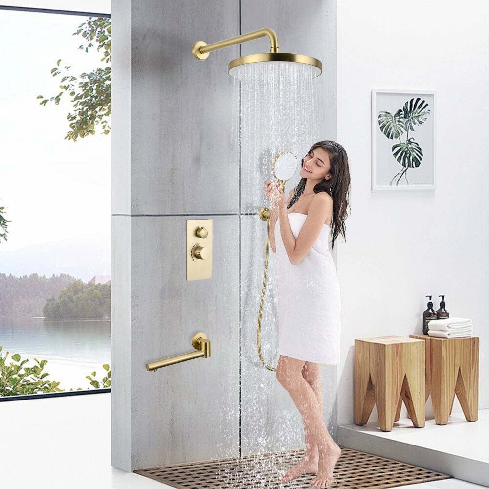 Angle. JUJABU - 10" Luxury 3-Function Shower System Solid Brass Valve with Handheld & Tub Spout, Brushed Gold - Brushed Gold.