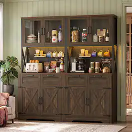 Aheaplus - 71'' Tall Pantry Cabinet with Power Outlets & LED Light, Storage Cabinet with 2 Drawers & DIY Pegboard, 2 Piece Set - Retro Brown