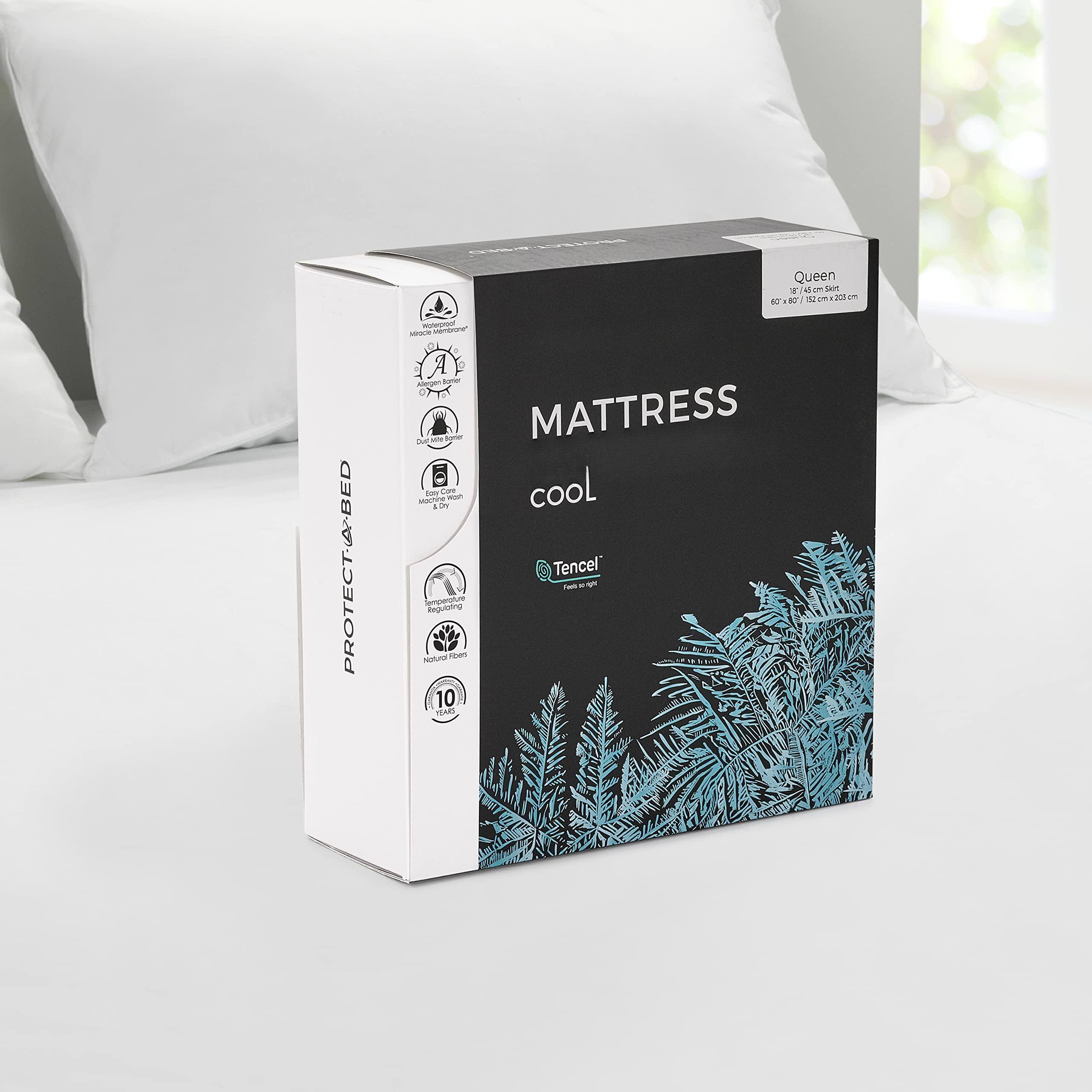 Queen  
60" x 80" x 10" (152 cm x 203 cm x 25 cm)  

MATTRESS  
COOL  
PROTECTA-BED  

Tencel  
Feels cool on skin  

10 Year Warranty  

Microclimate Membrane  
Temperature Regulation  
Moisture Wicking  
Natural Fibers  
Moisture Wicking  
Temperature Regulation  
Natural Fibers