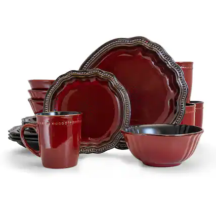 Front. Elama - Elama Regency 16 Piece Luxurious Stoneware Dinnerware with Complete Setting for 4, 16pc - Red.
