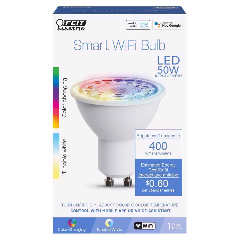 FEIT Electric
Smart WiFi Bulb
LED 50W REPLACEMENT
works with
alexa
works with
Hey Google
Color changing
Tunable white
Brightness/Luminosité
400 lumens/lumens
Estimated Energy Cost/Côt énergétique anticipé
$0.60 per year/par année
TURN ON/OFF, DIM, ADJUST COLOR & COLOR TEMPERATURE
CONTROL WITH MOBILE APP OR VOICE ASSISTANT
Color Changing
Tunable White
WiFi
1 Pack
1 MR16
