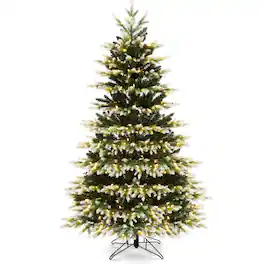 Costway - 6 FT Pre-Lit Christmas Tree 3 Modes Hinged with Quick Power Connector & 350 Lights - Green/White