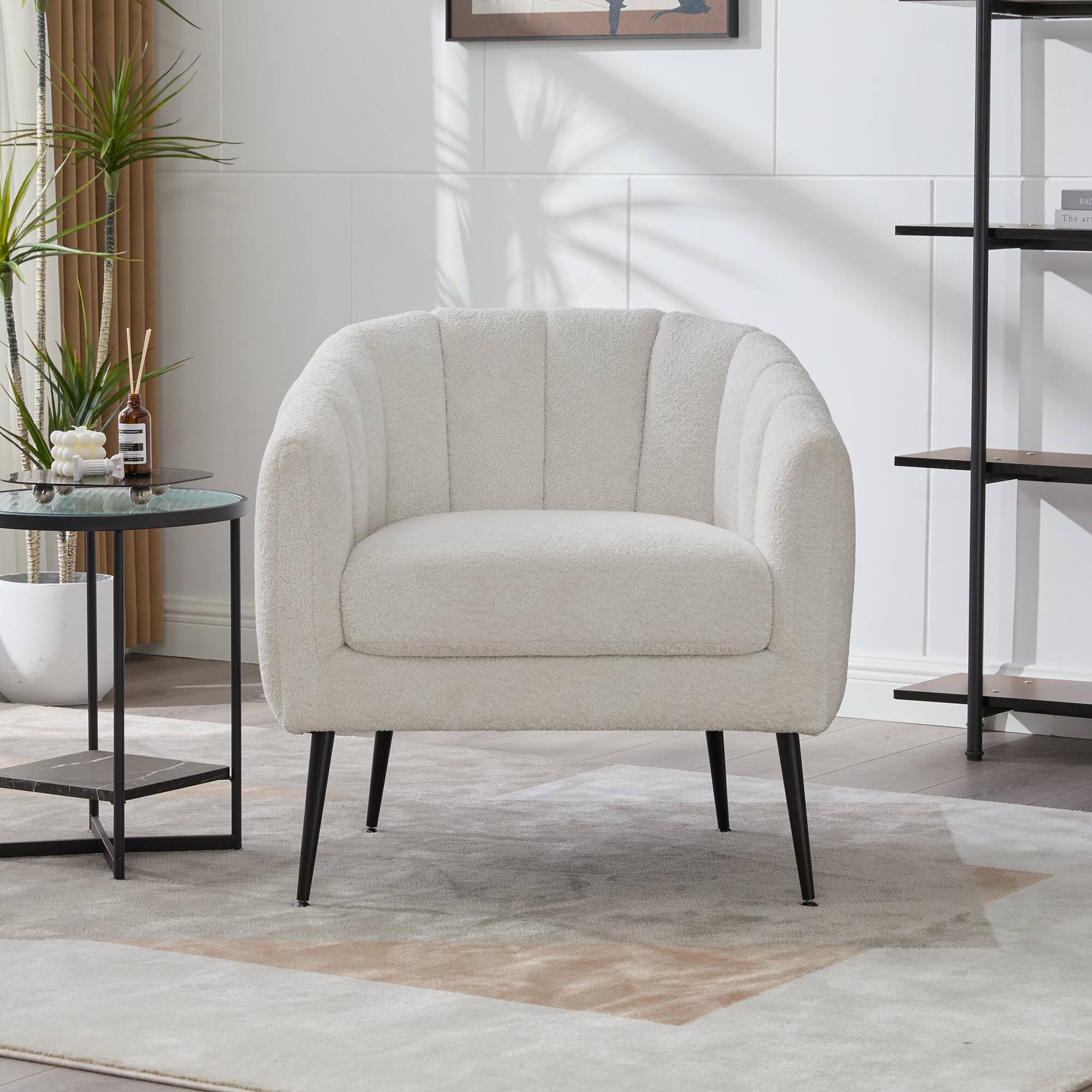 Back. APRILSOUL - Modern Upholstered Chenille Vanity Barrel Accent Chair Metal Legs Bedroom Living Room Office Ivory - Ivory.