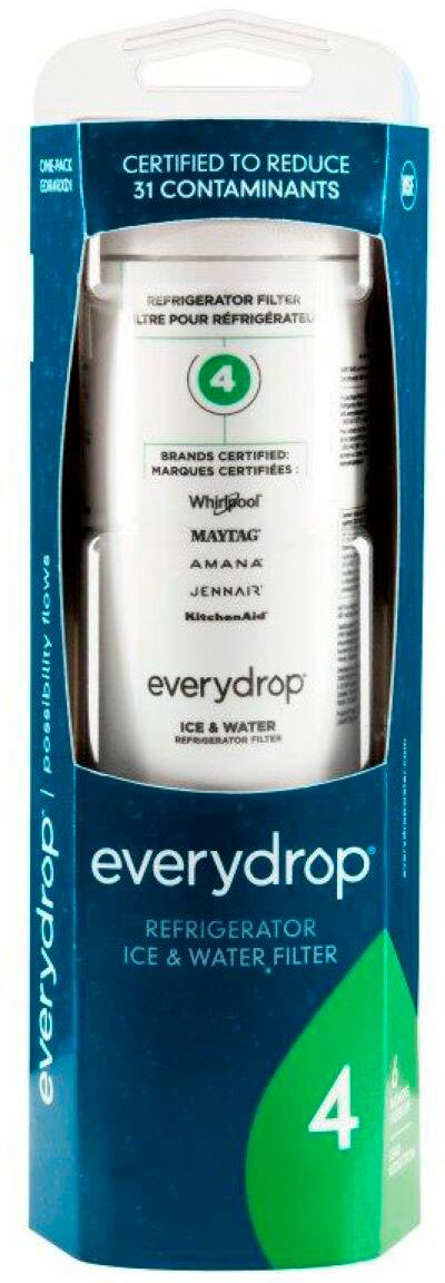 The text on the image is grouped and corrected as follows:

"Certified to reduce 31 contaminants. Refrigerator filter. 4 brands certified: Whirlpool, Maytag, Amana, Kitchenaid, JennAir. Everydrop ice & water refrigerator filter. Everydrop refrigerator ice & water filter."