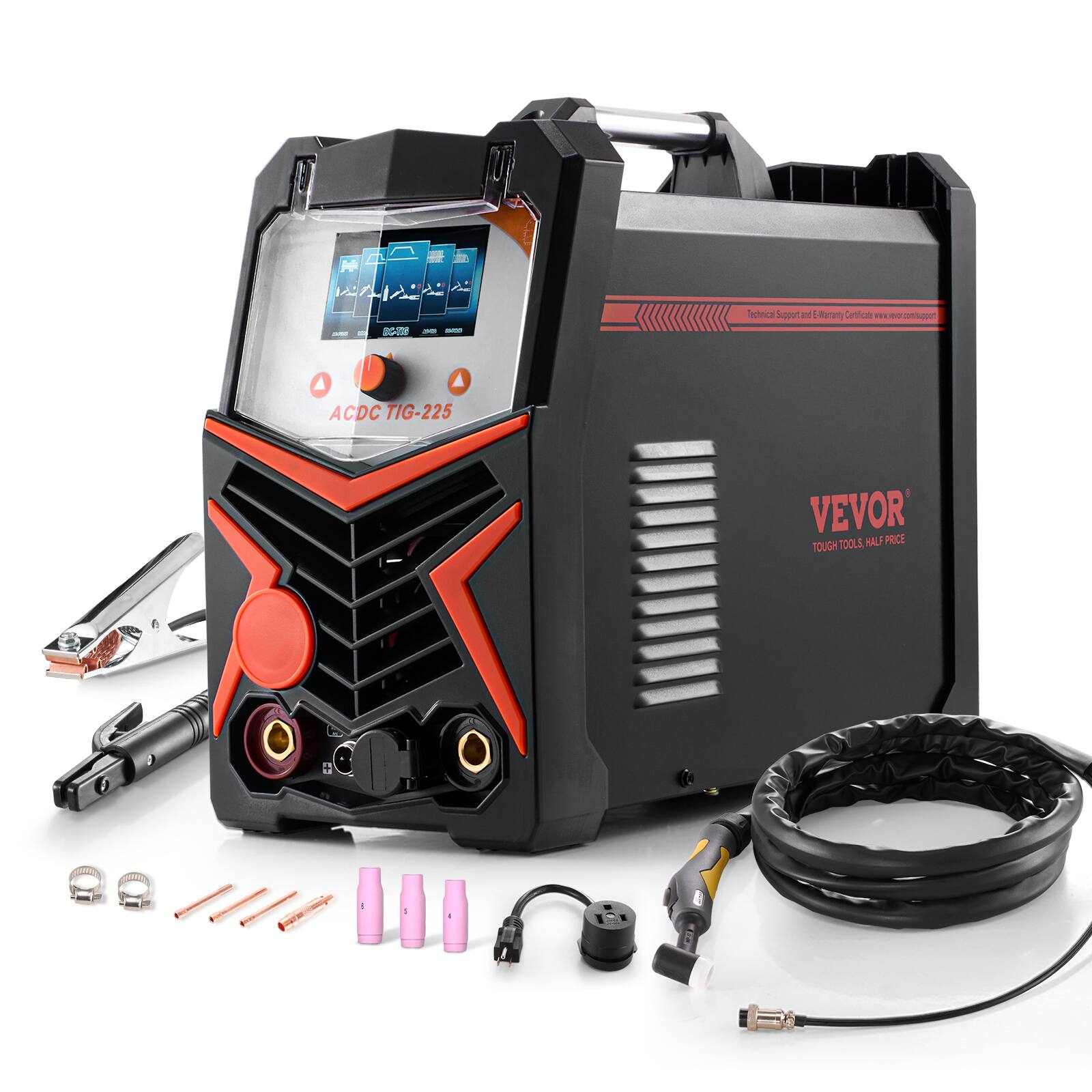 VEVOR - TIG Welder, 225A 6-In-1 Aluminum Welding Machine (Large LED Display)- AC TIG/DC TIG/AC Pulse TIG/DC Pulse TIG/Spot TIG - Orange;Black