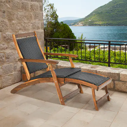 Front. Gymax - Gymax Folding Patio Acacia Wood Deck Chair Rattan Chaise Lounge Chair w/ Footrest - Mix Brown.