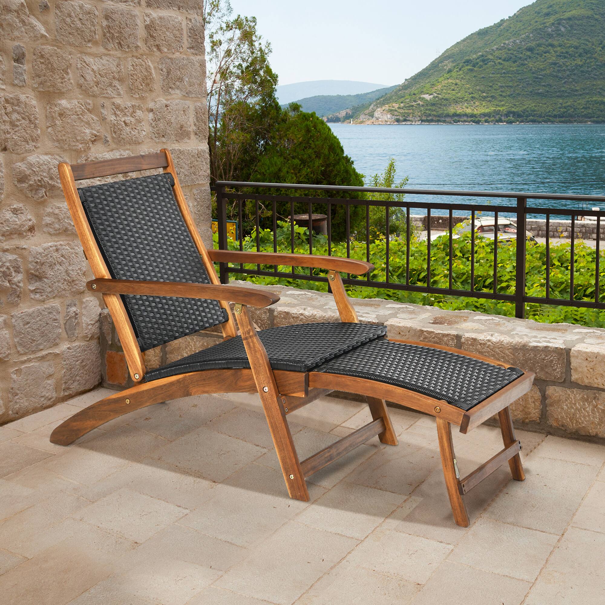 Front. Gymax - Gymax Folding Patio Acacia Wood Deck Chair Rattan Chaise Lounge Chair w/ Footrest - Mix Brown.