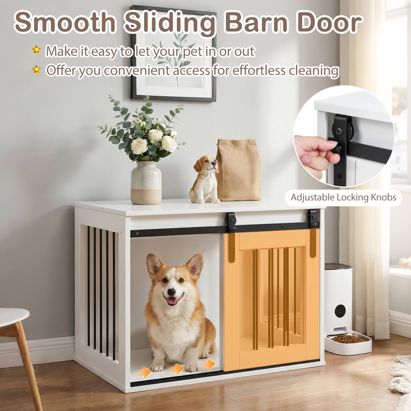 Smooth Sliding Barn Door  
- Make it easy to let your pet in or out  
- Offer you convenient access for effortless cleaning  
- Adjustable Locking Knobs