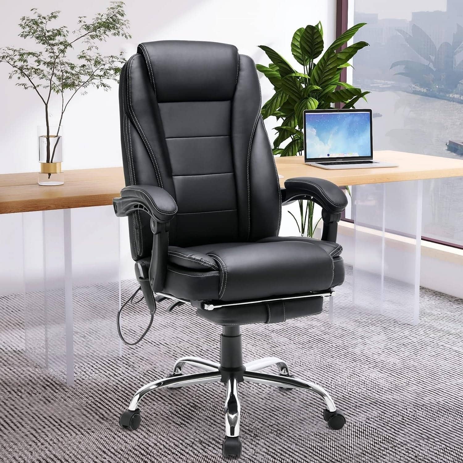 U-HOMY - Elianagrace Ergonomic Reclining Office Chair – Massage, Heating Function, and Retractable Foot Rest for All-Day Comfort - Black
