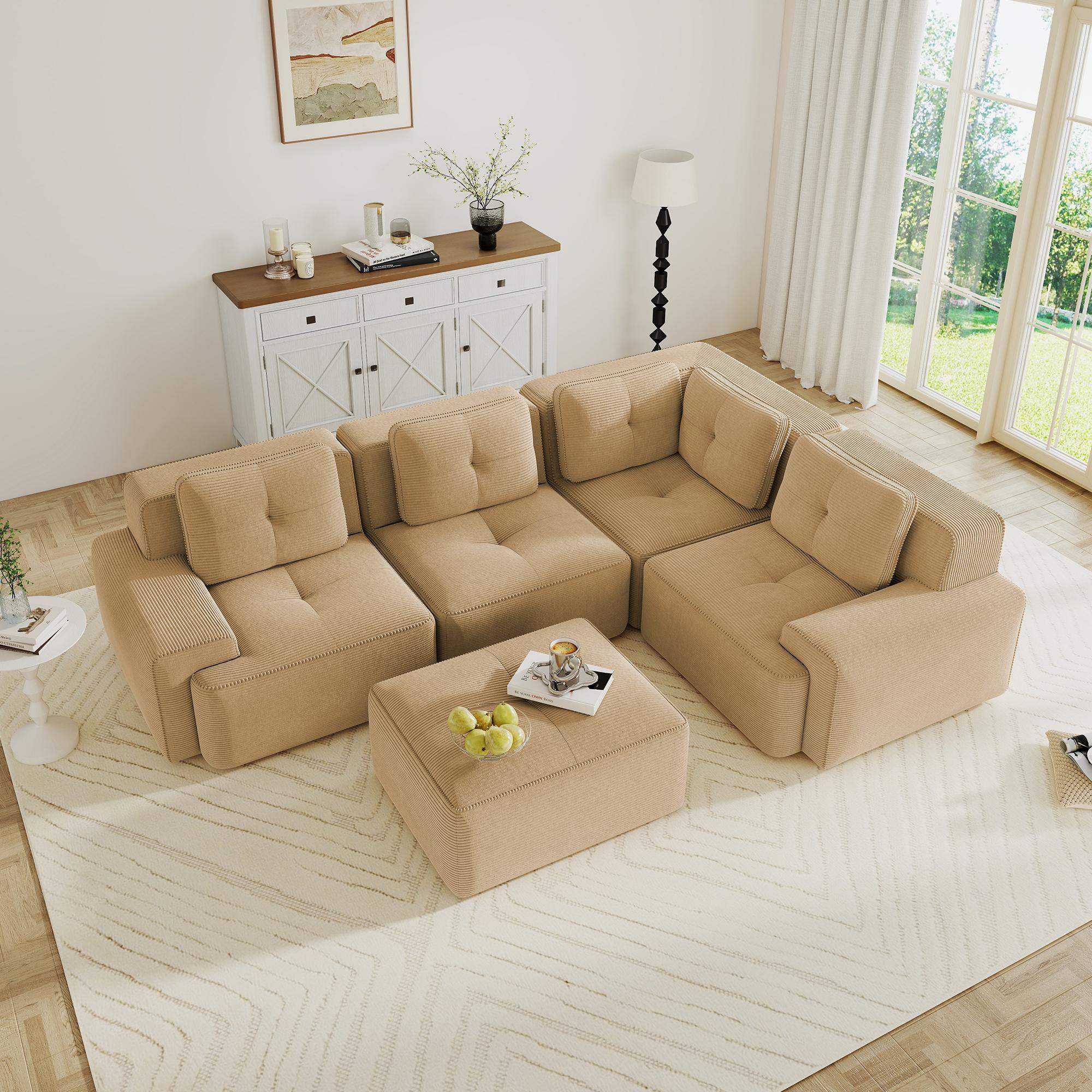 Alt View 1. Roomtec - Modern Modular Sectional Sofa with 4SeaterV Shaped Corner CouchCorduroy FabricDeep Seat for Living Room Movable - Camel.