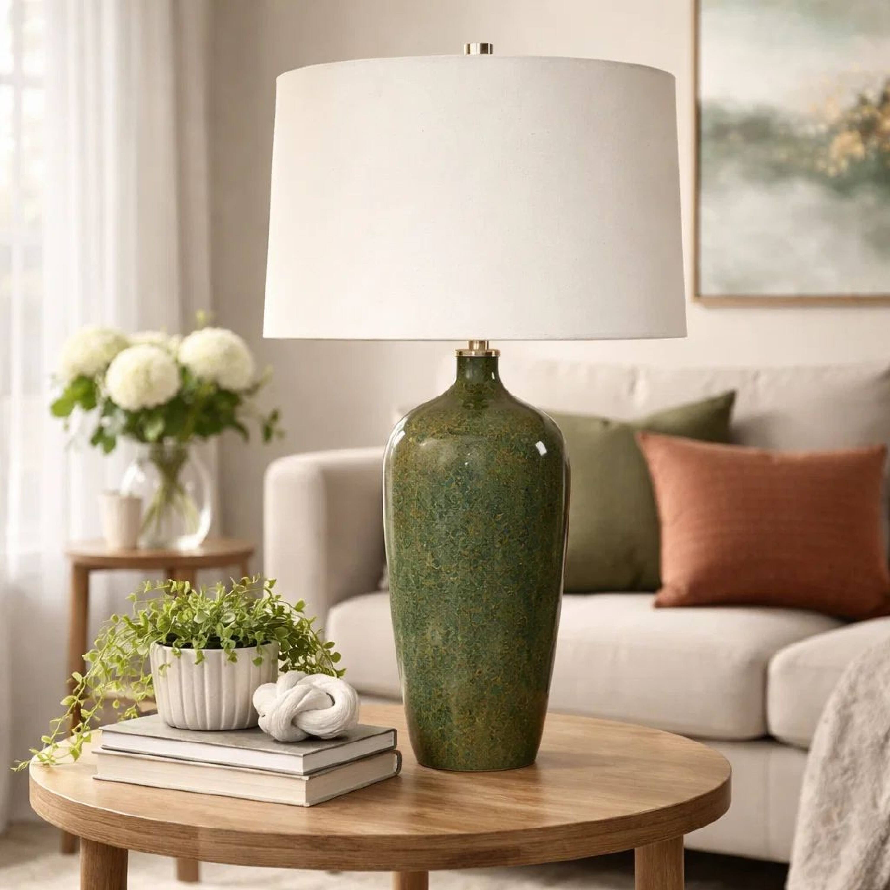 Alt View 5. Manhattan Lane - Table Lamp, Linen Shade, Ceramic 28 Inch - Emerald Green, Beige.