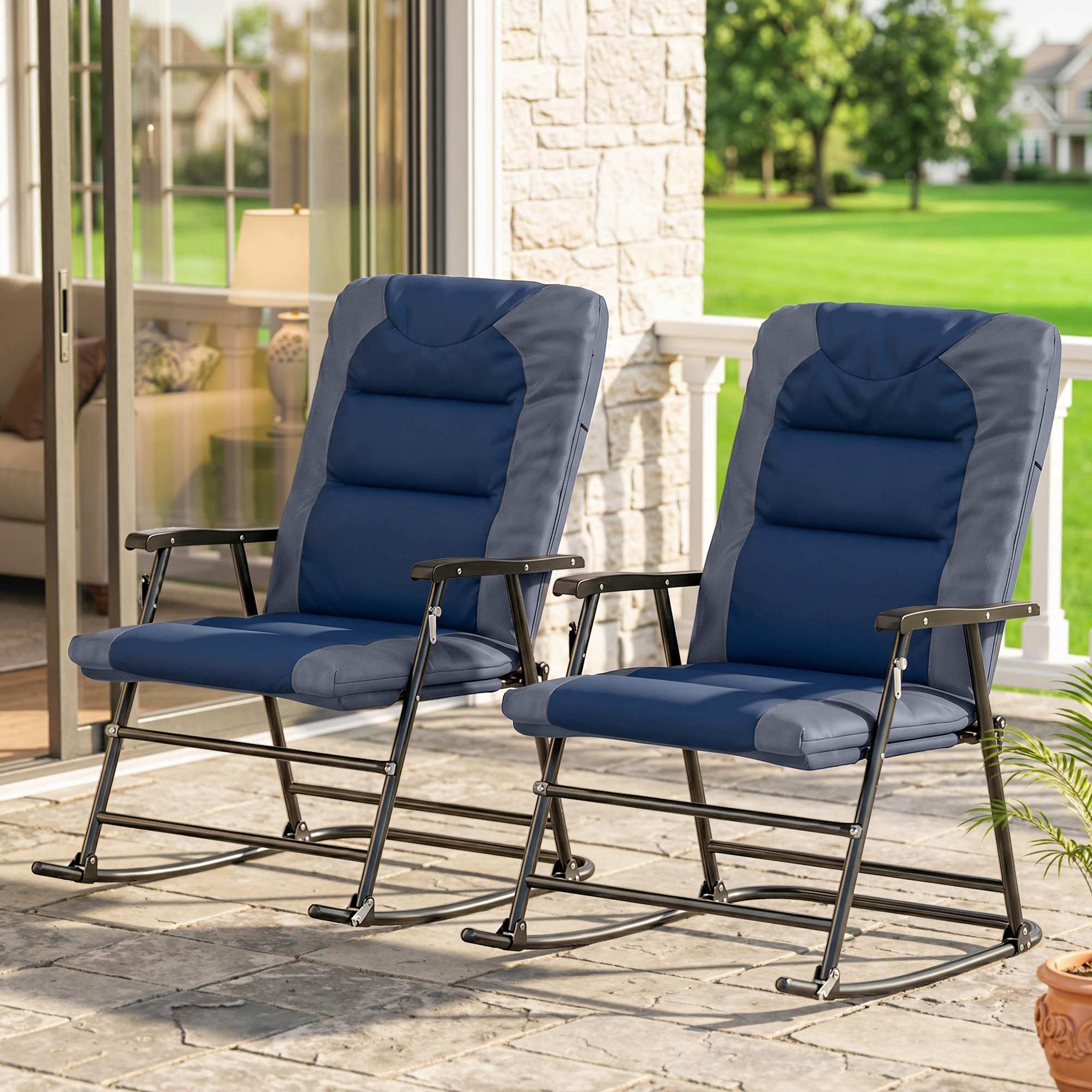 Alt View 1. Outsunny - Piece Outdoor Patio Furniture Set with 2 Folding Padded Rocking Chairs, Bistro Style for Porch, Camping, Balcony - Navy Blue.