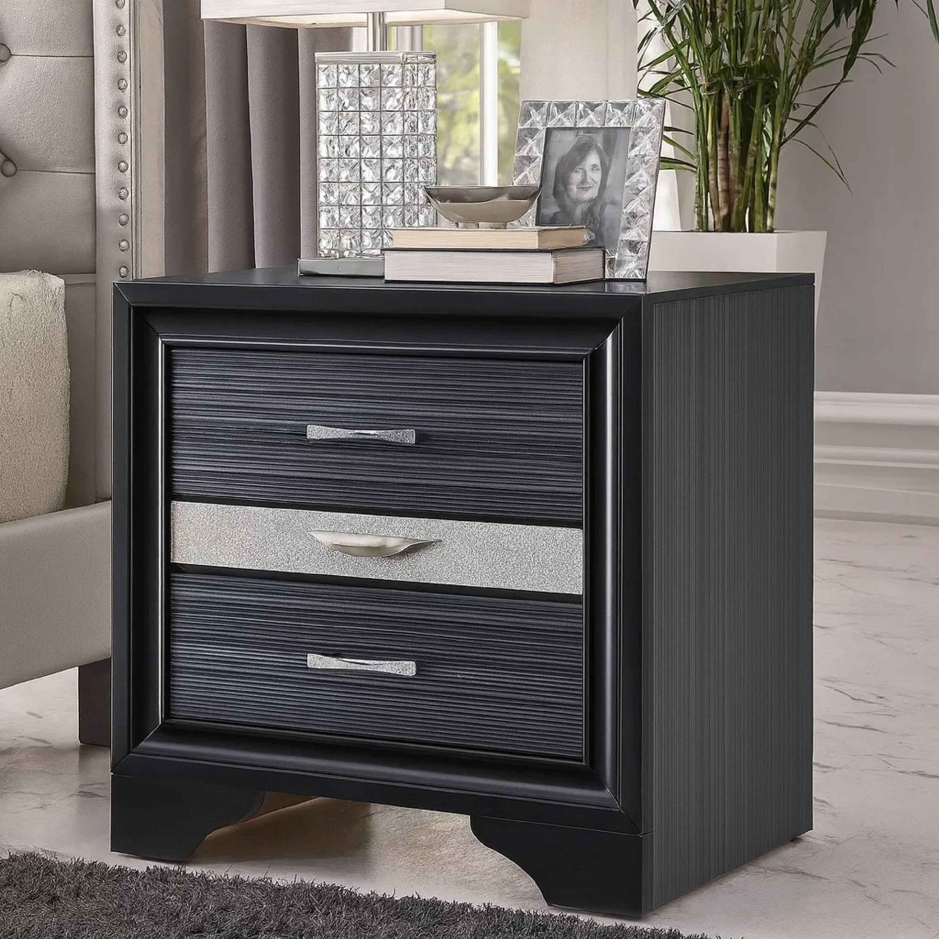 Alt View 5. Manhattan Lane - Two Tone Wooden Nightstand With Three Drawers - Black, Silver.