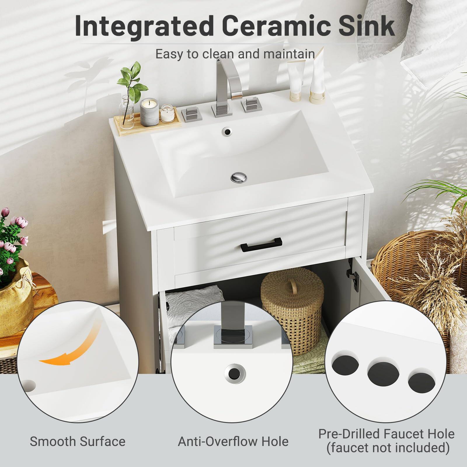 Integrated Ceramic Sink, Easy to clean and maintain, Smooth Surface, Anti-Overflow Hole, Pre-Drilled Faucet Hole (faucet not included)