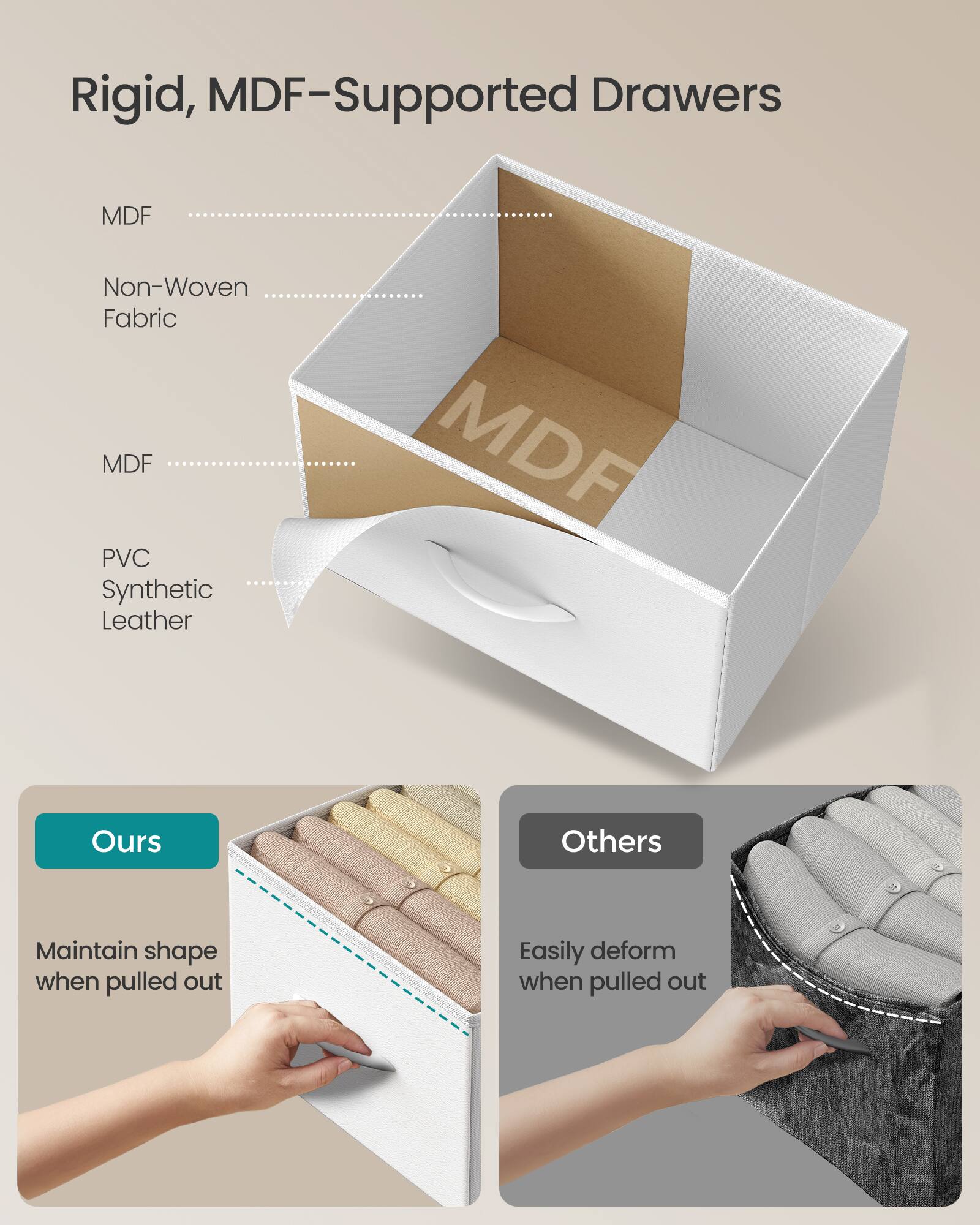 Rigid, MDF-Supported Drawers

MDF
Non-Woven Fabric
MDF
PVC Synthetic Leather

Ours
Maintain shape when pulled out

Others
Easily deform when pulled out
