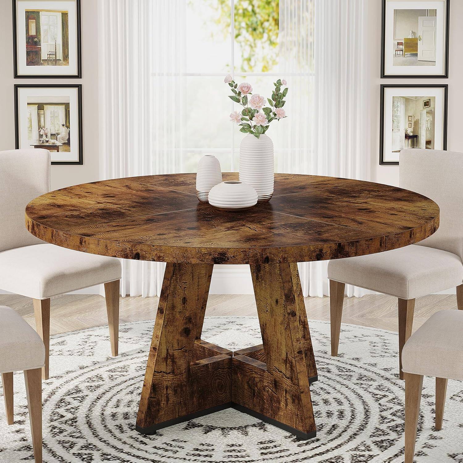 Tribesigns Farmhouse Round Dining Table with Engineered Wood ...