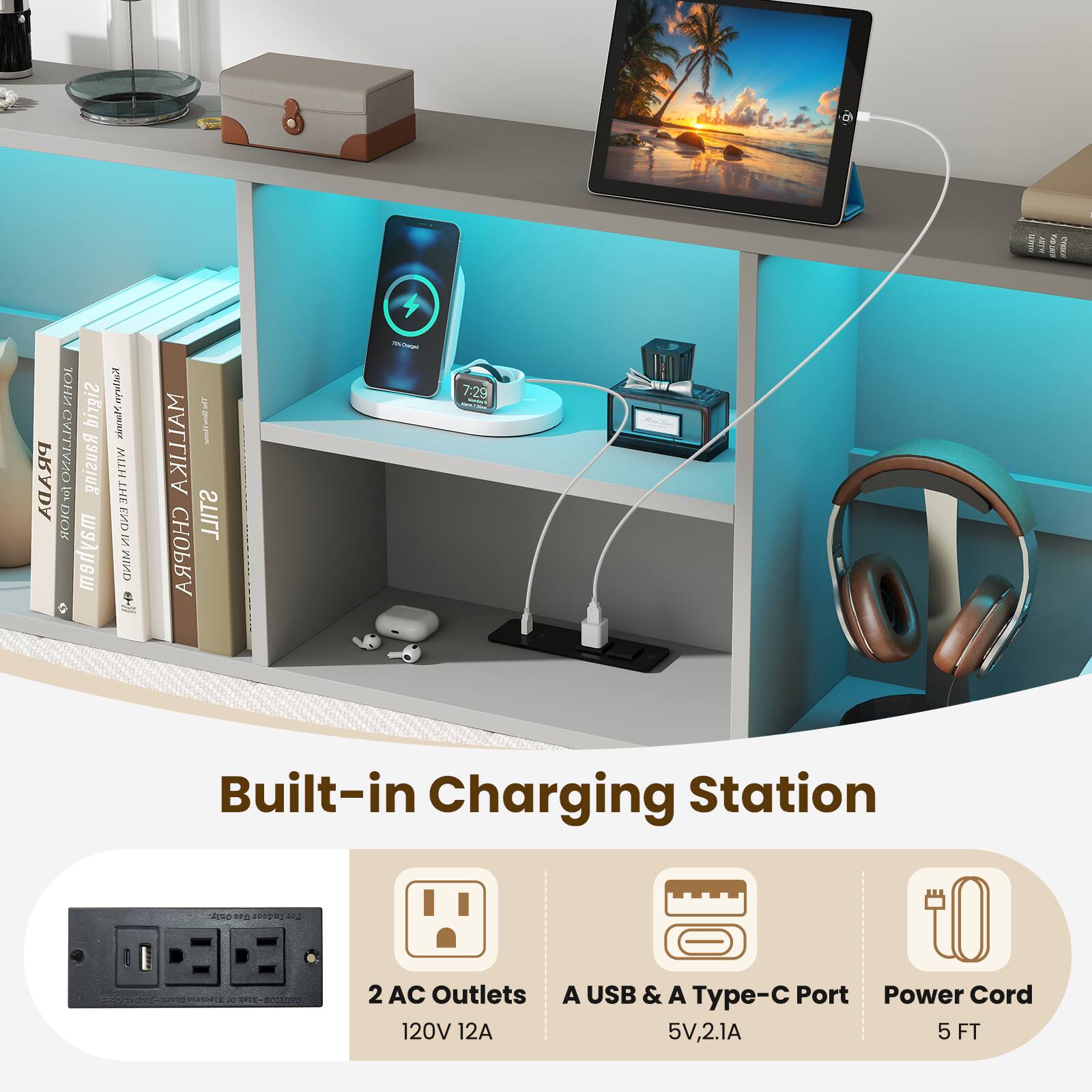 I 1 JT I I NHO Sigrid  Marnix PRADA GALLIANO Rausing JHTHUW RO END 2 mayhem MIND  1  1 MALLIKA I STILL CHOPRA - 7:28 nio Built-in Charging Station AO T. a0d0 A ade. ce 2 AC Outlets 120V 12A A USB & A Type-C Port Power Cord 5V,2.1A 5 FT
