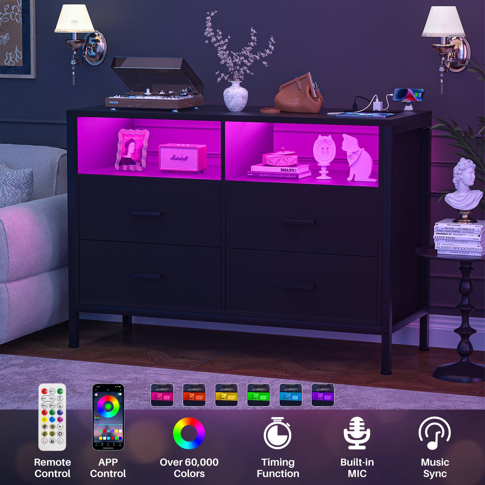 - Remote Control
- APP Control
- Over 60,000 Colors
- Timing Function
- Built-in MIC
- Music Sync