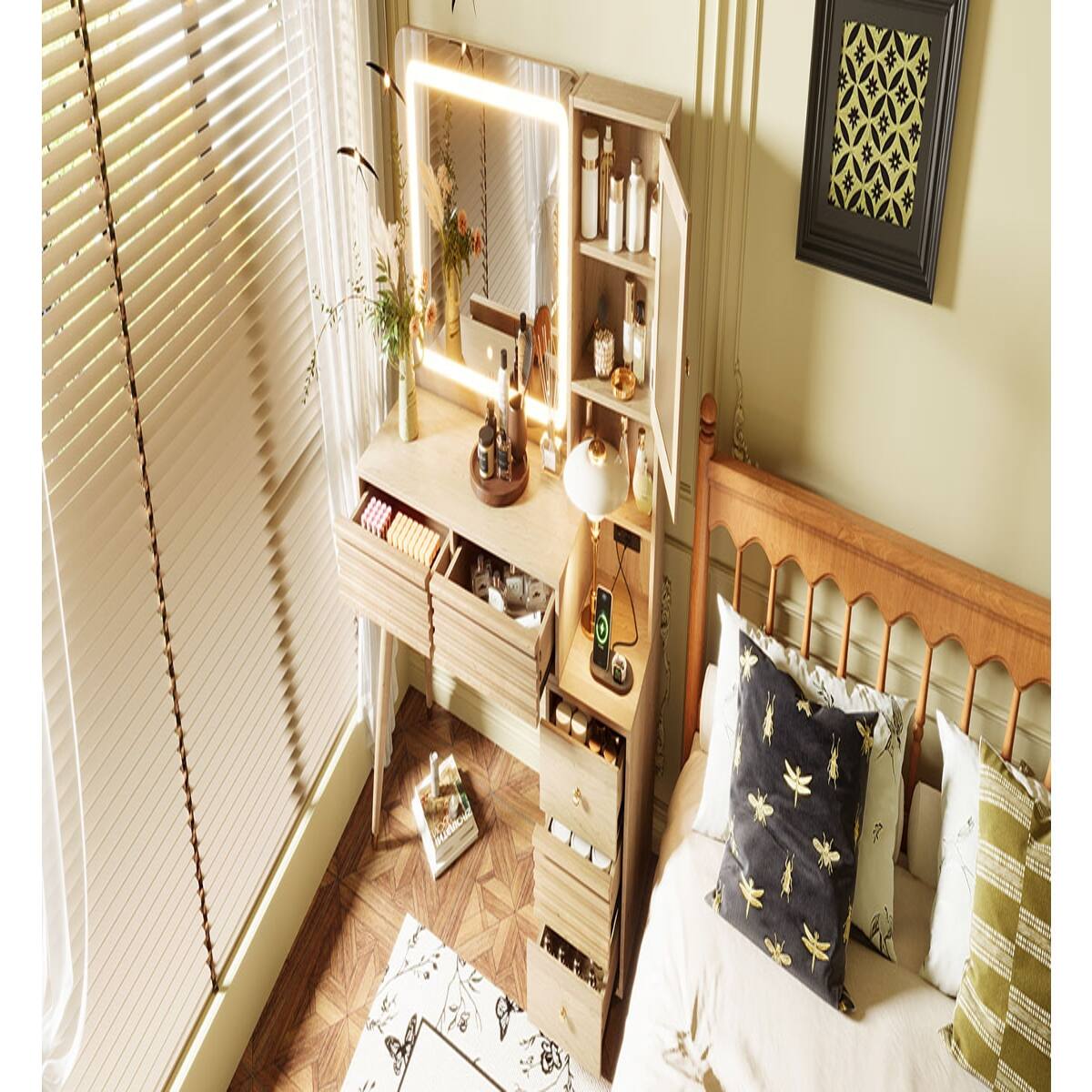 Alt View 8. Loheer - Loheer Makeup Vanity Desk with Mirror and Lights, Natural Finish, Five Drawers - Natural.