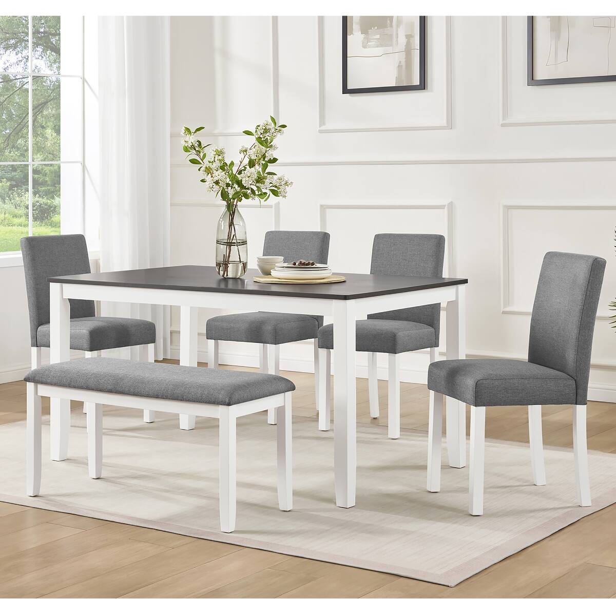 Loheer 6 Piece Dining Table Set with Bench and Chairs, Grey and White ...