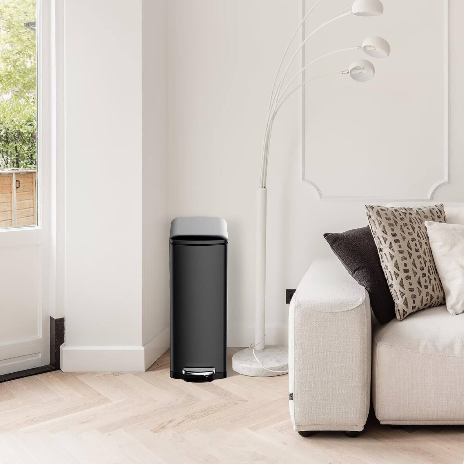 Back. Jojoka - 8 Gallon Slim Black Stainless Steel Kitchen Trash Can with Soft-Close Lid & Removable Inner Bucket, Rectangular - Black.