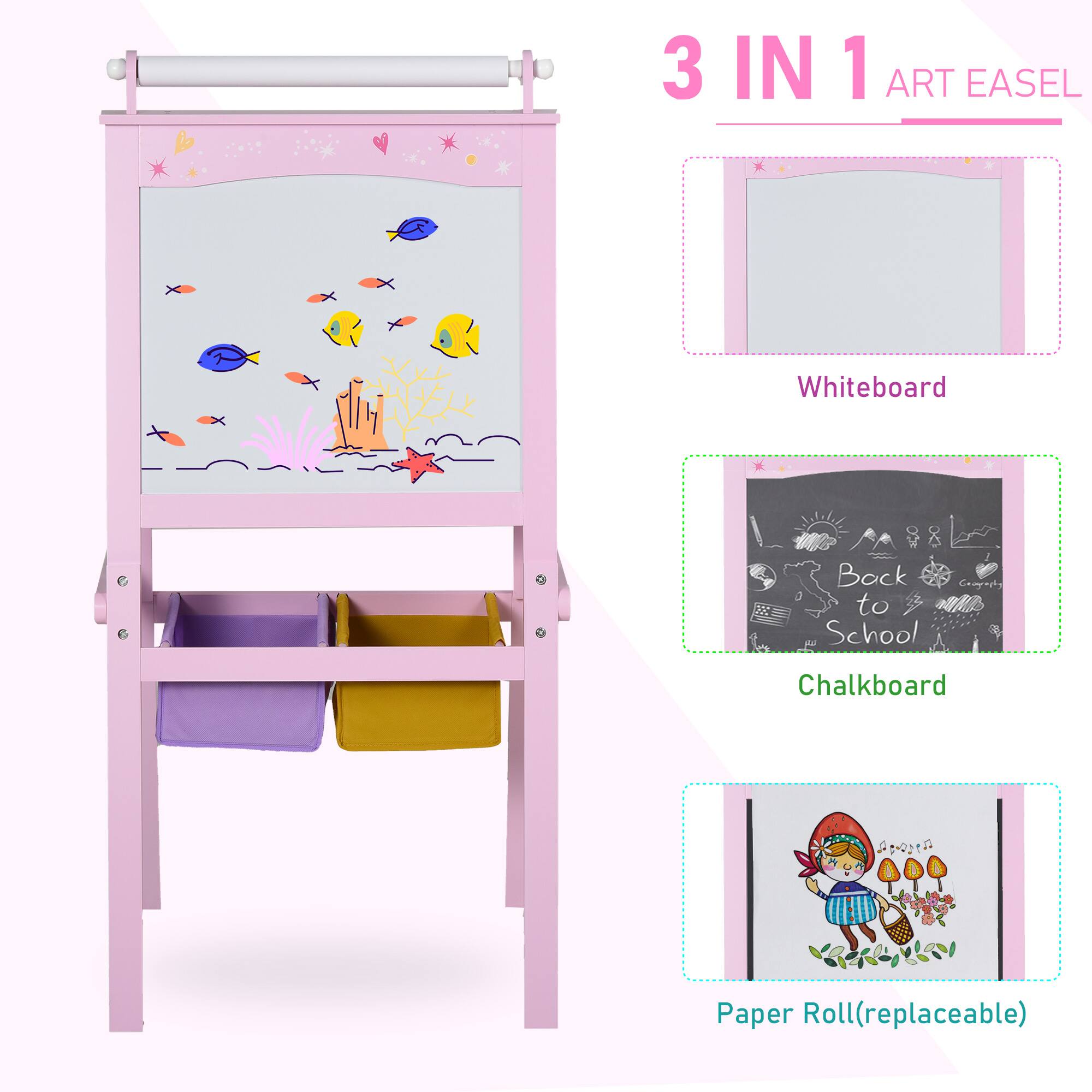 Back. Qaba - 3 In 1 Kids Wooden Art Easel with Paper Roll, Double-Sided Chalkboard & Whiteboard, Storage Baskets, Gift.