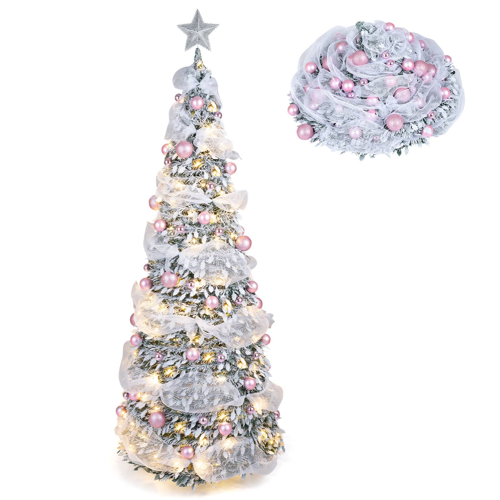 Alt View 1. Costway - Costway 7 ft Pop Up Flocked Christmas Tree with 73 Xmas Balls 180 Pre-Lit LED Lights Ribbon - Green & White.