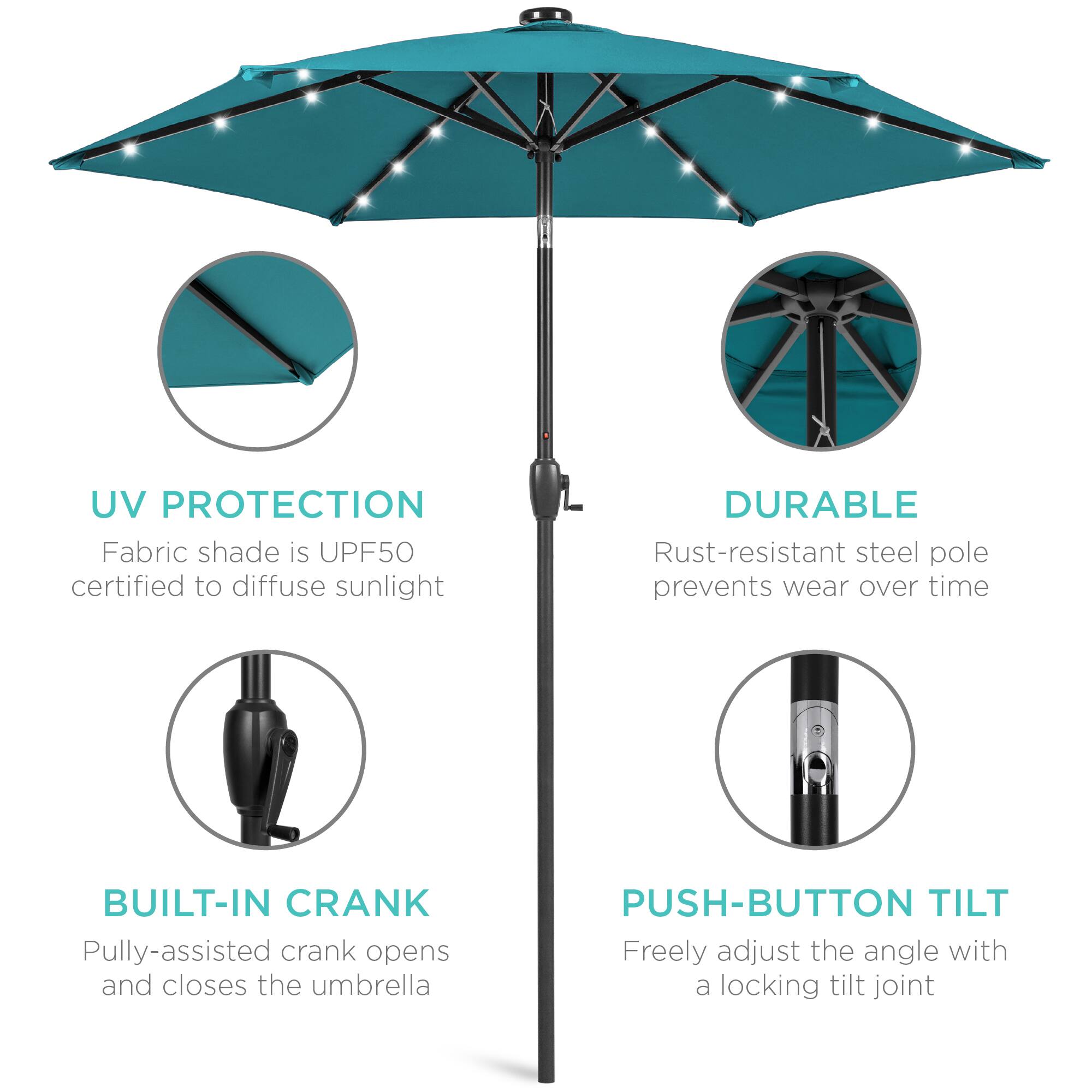 UV PROTECTION  
Fabric shade is UPF50 certified to diffuse sunlight  

DURABLE  
Rust-resistant steel pole prevents wear over time  

BUILT-IN CRANK  
Pully-assisted crank opens and closes the umbrella  

PUSH-BUTTON TILT  
Freely adjust the angle with a locking tilt joint