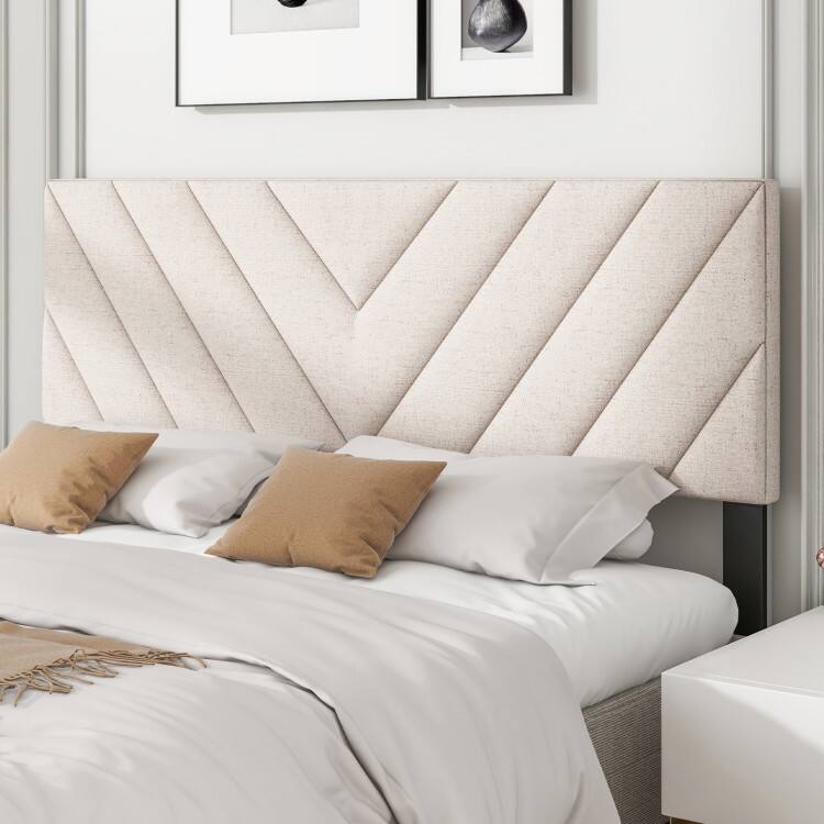 Left. SlickBlue - Modern Upholstered Headboard in Linen for Full and Queen Frames - Beige.