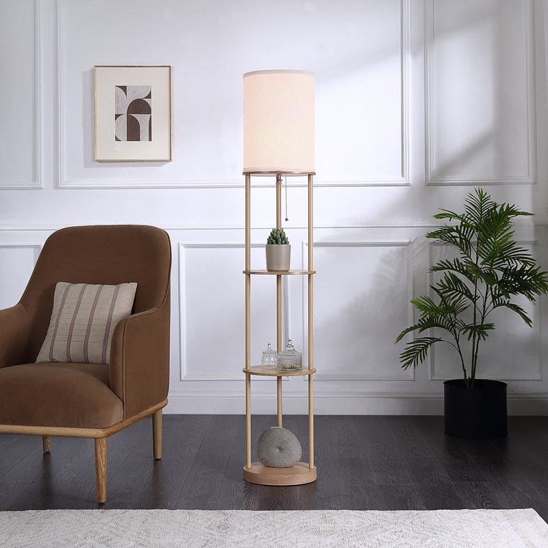 Akoasm - 62 in. Farmhouse Floor Lamp with 3 Shelves, Light Wood Finish, Pull Chain, Hardback Shade for Living Room Bedroom