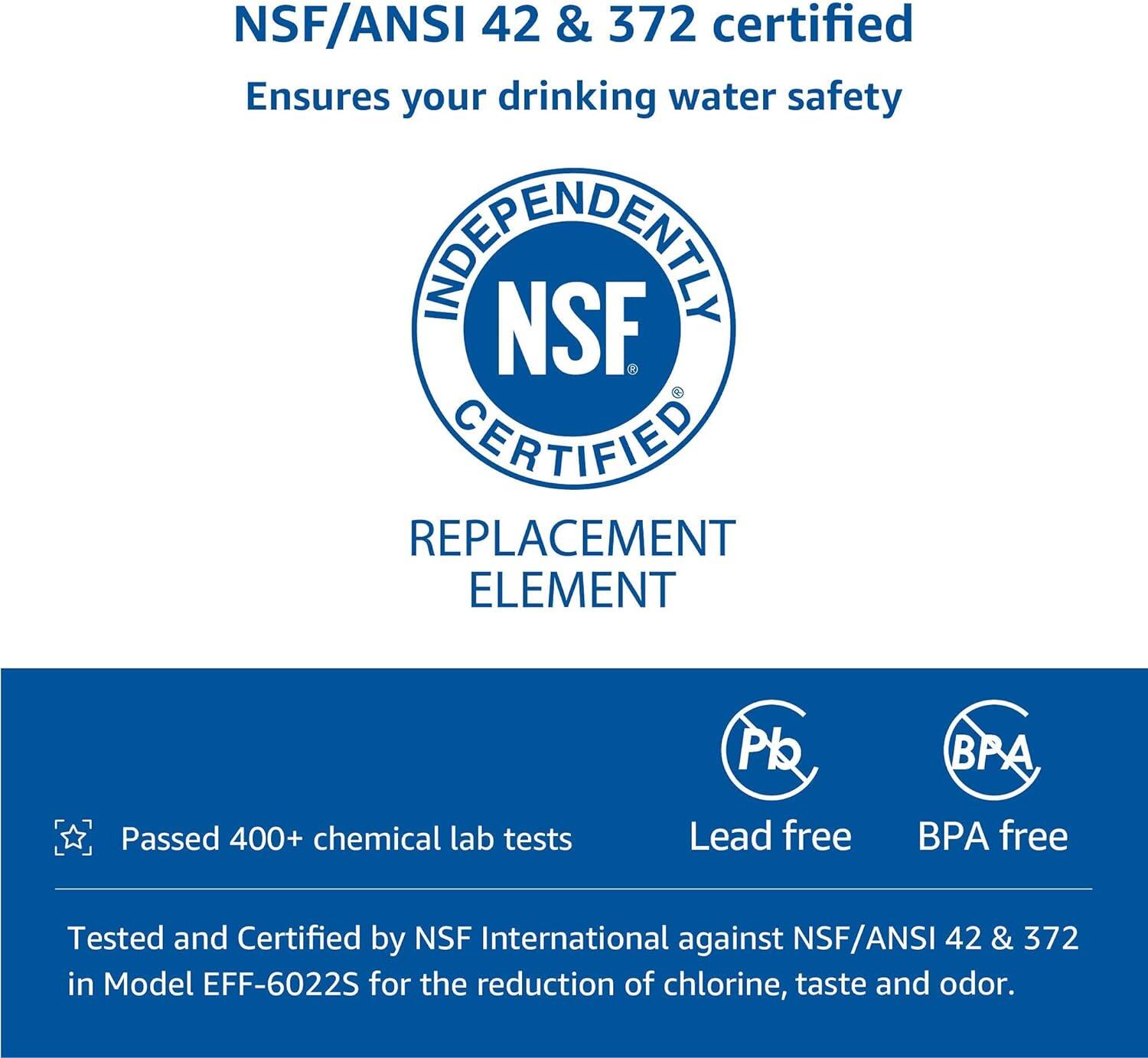NSF/ANSI 42 & 372 certified  
Ensures your drinking water safety  

INDEPENDENTLY  
NSF CERTIFIED  

REPLACEMENT ELEMENT  

Passed 400+ chemical lab tests  
Lead free  
BPA free  

Tested and Certified by NSF International against NSF/ANSI 42 & 372 in Model EFF-6022S for the reduction of chlorine, taste and odor.