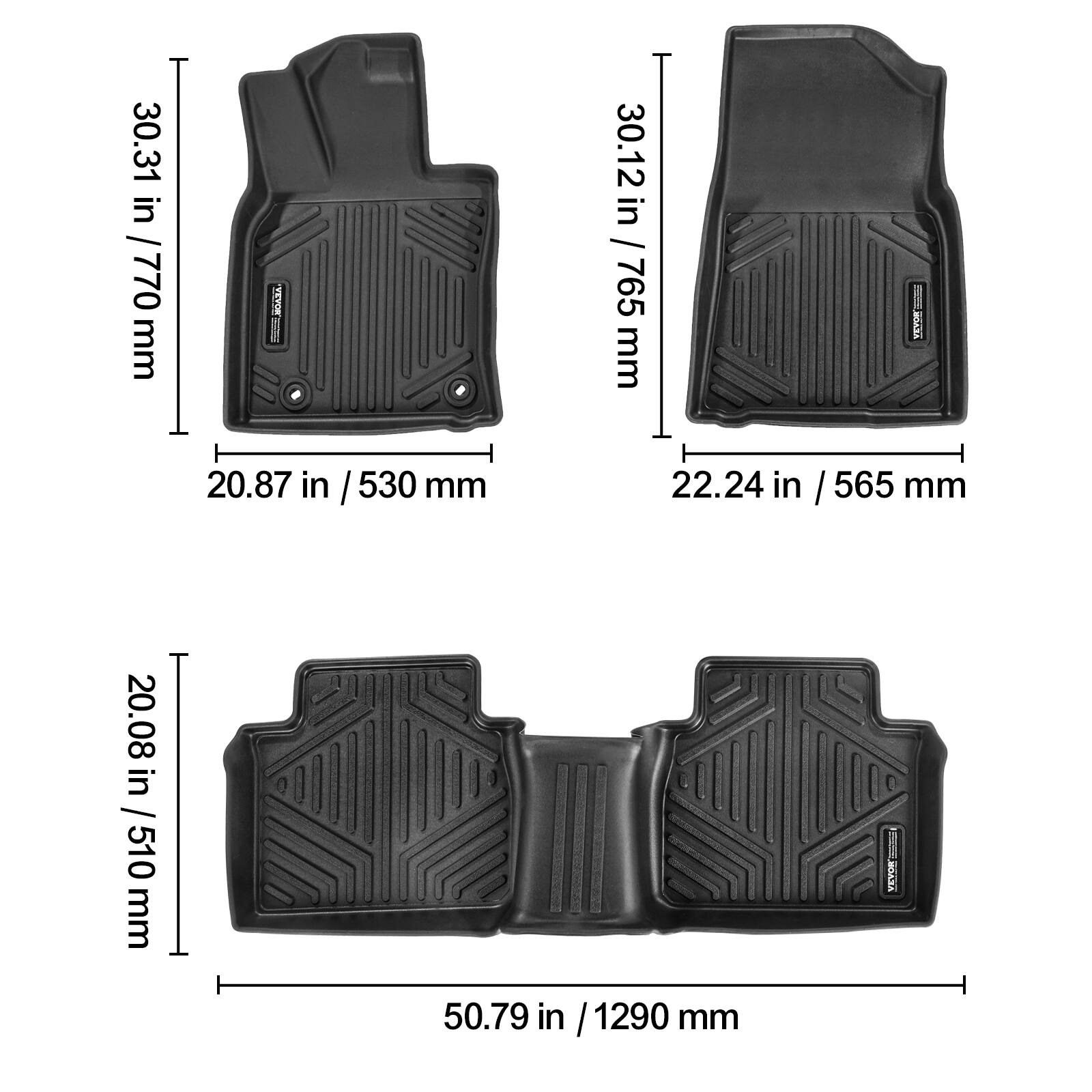 30.31 in / 770 mm  
20.87 in / 530 mm  

30.12 in / 765 mm  
22.24 in / 565 mm  

20.08 in / 510 mm  
50.79 in / 1290 mm