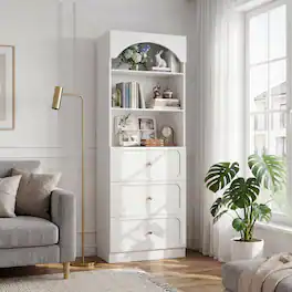 Aheaplus - 80"Tall Arched Bookcase with 3 Drawers & 3-Tier Open Shelves – Storage Cabinet for Living Room, Kitchen - White
