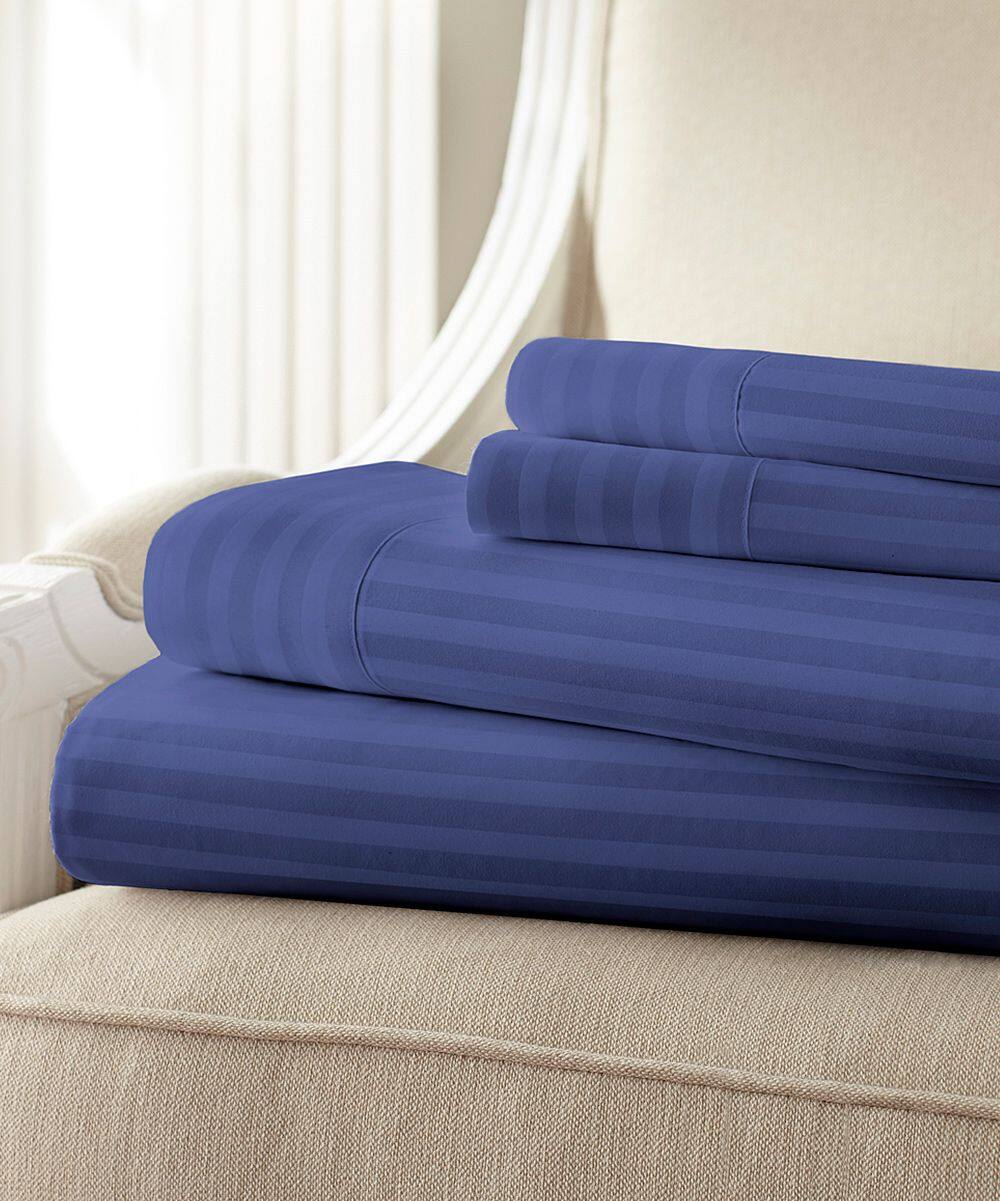 Left. Plazatex - 1800 Series Embossed Striped Wrinkle Resistant Sheet 4pc Set Full - Navy - Navy.