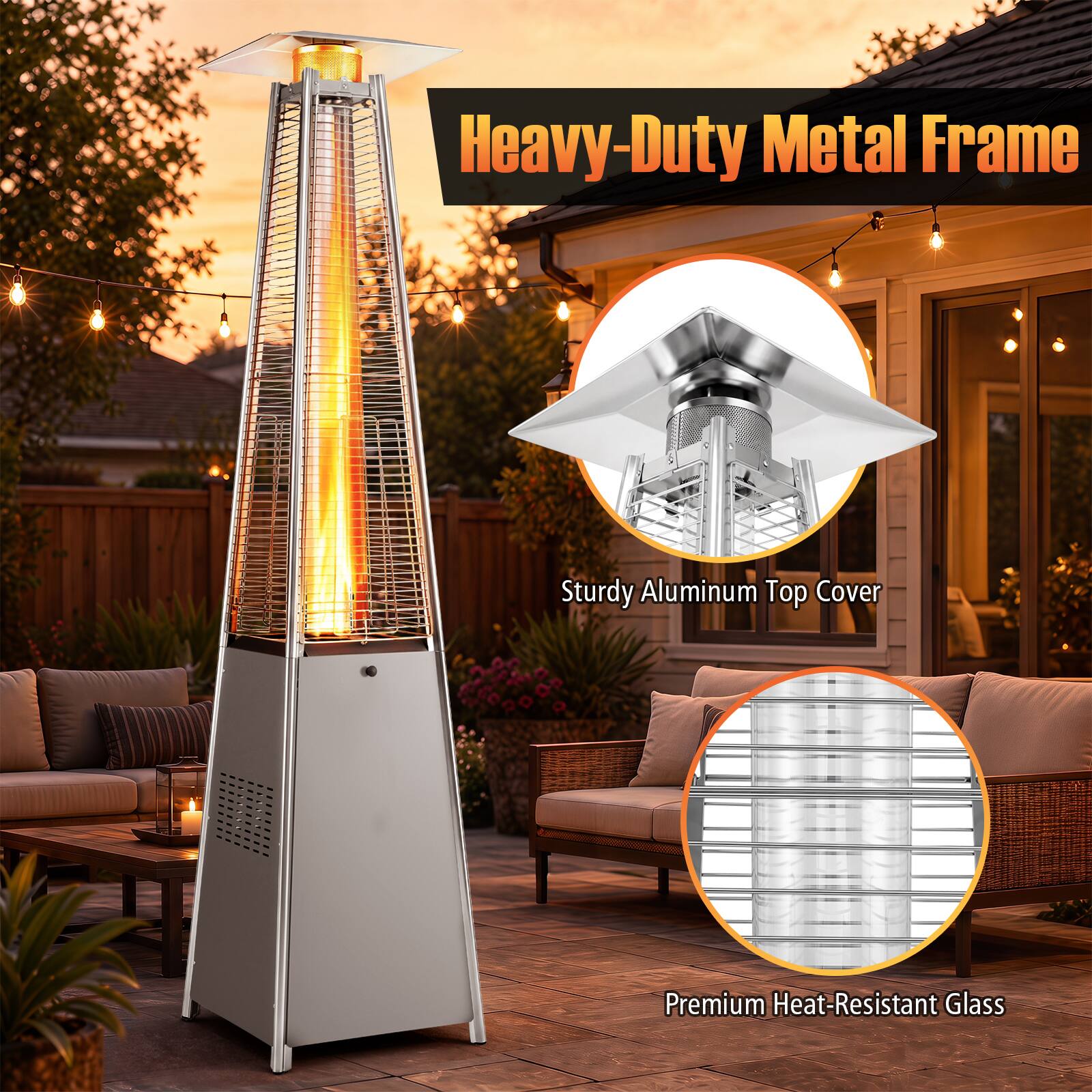 Heavy-Duty Metal Frame  
Sturdy Aluminum Top Cover  
Premium Heat-Resistant Glass