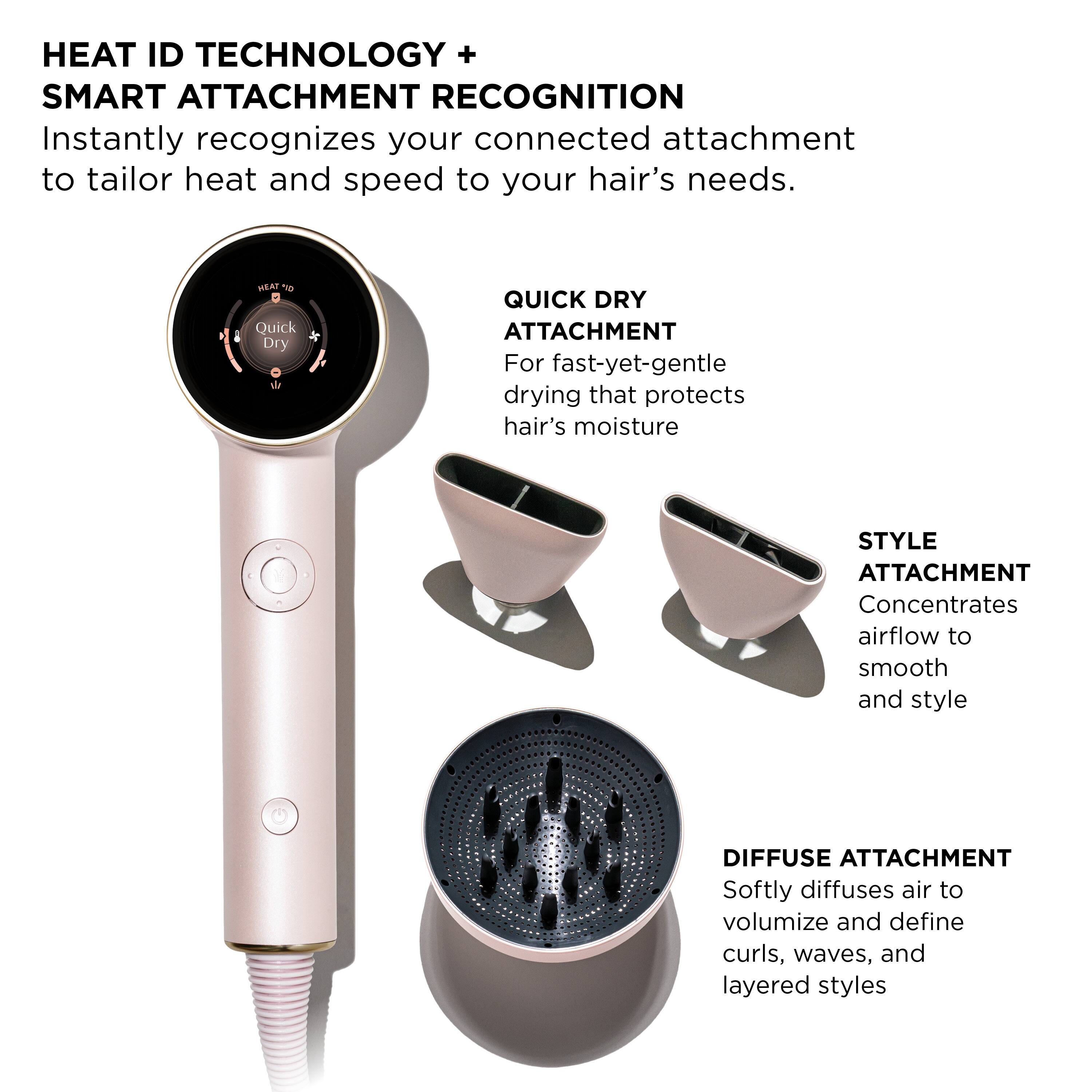 The image features a hair dryer with different attachments, including a heat ID technology and smart attachment recognition feature. The attachments are designed to tailor heat and speed to the user's hair needs. The attachments include a quick dry attachment for fast-yet-gentle drying, a style attachment for concentrating airflow to smooth and style, and a diffuse attachment for softly diffusing air to volumize and define curls, waves, and layered styles.