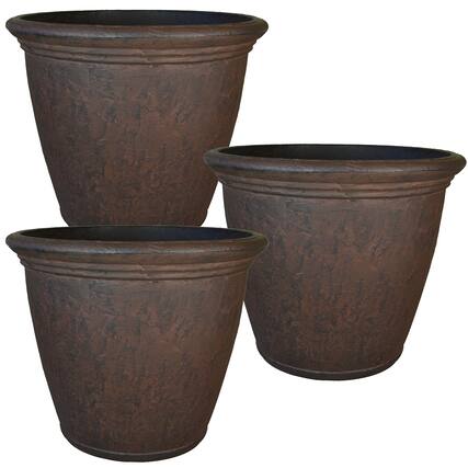 Front. Sunnydaze - 24 in Anjelica Dual-Wall Polyresin Planter - Set of 3 - Rust.