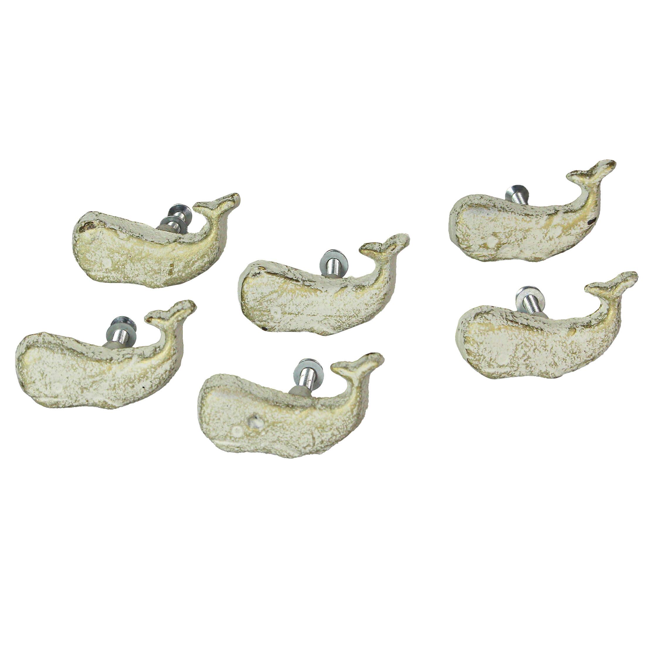 Alt View 1. Zeckos - White Cast Iron Whale Drawer Pull Decorative Nautical Cabinet Knobs Set of 6 - White.