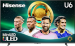 Hisense MiniLED ULED TV is advertised with a picture of four men, representing the World Cup Club. The image showcases the television's features and the players' excitement for the upcoming event.