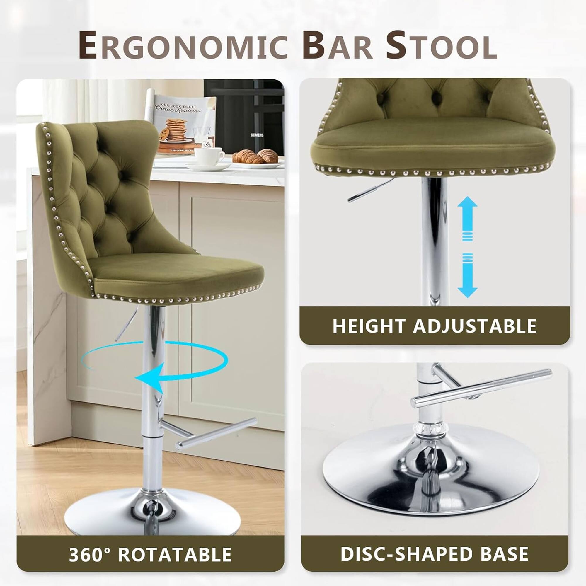 ERGONOMIC BAR STOOL

- 360° ROTATABLE
- HEIGHT ADJUSTABLE
- DISC-SHAPED BASE