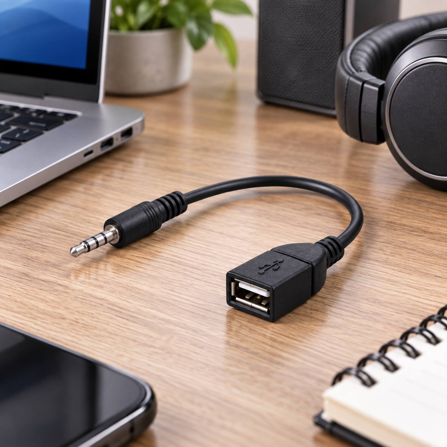 Left. Sanoxy - 3.5mm AUX to USB Adapter Cable High Speed Data Transfer Cable Adapter Durable Plug and Use - Black.