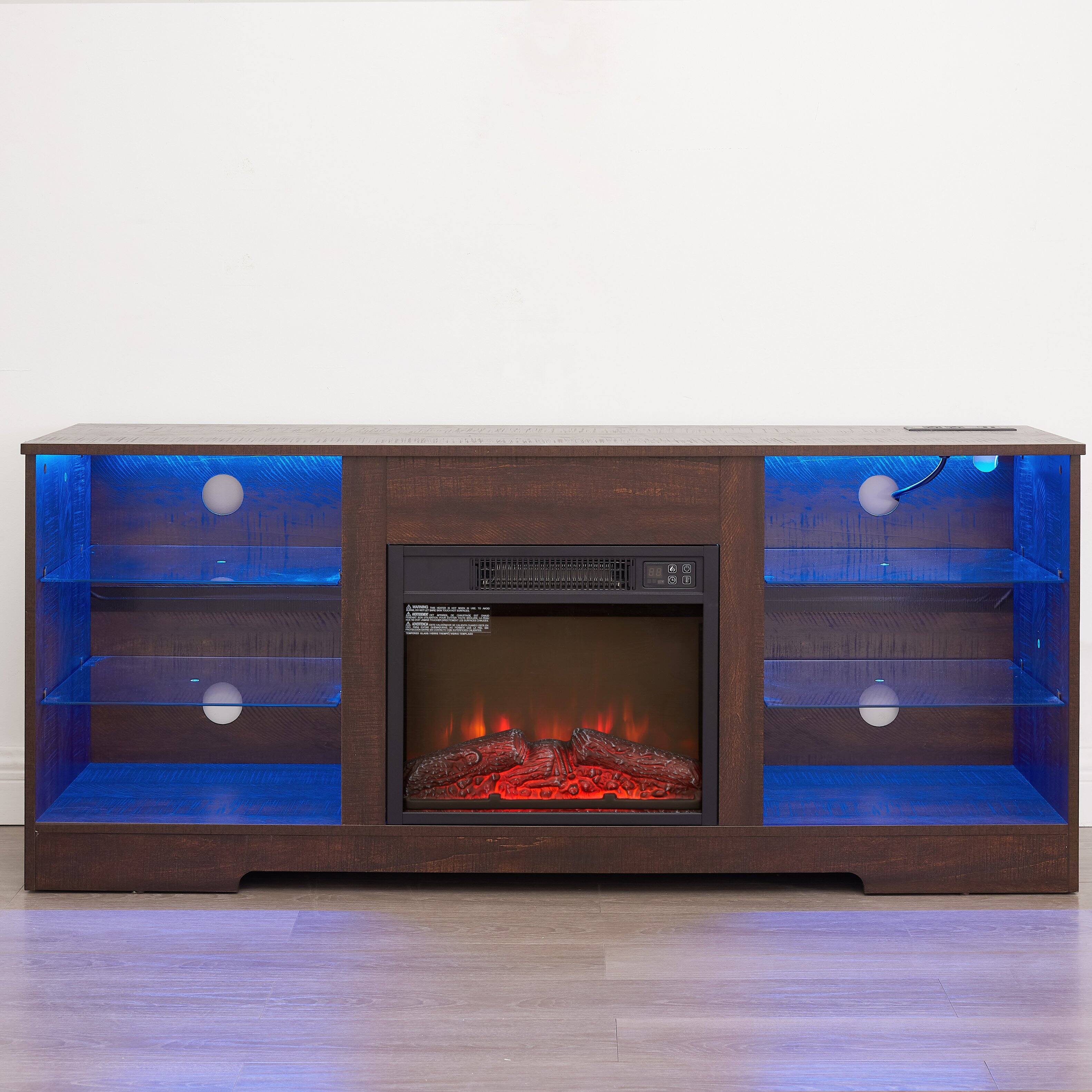 Alt View 8. Whisen - 58" Electric Fireplace TV Stand with Glass Shelves, LED Lights, Power Outlets for TVs up to 62" - Espresso|Black.