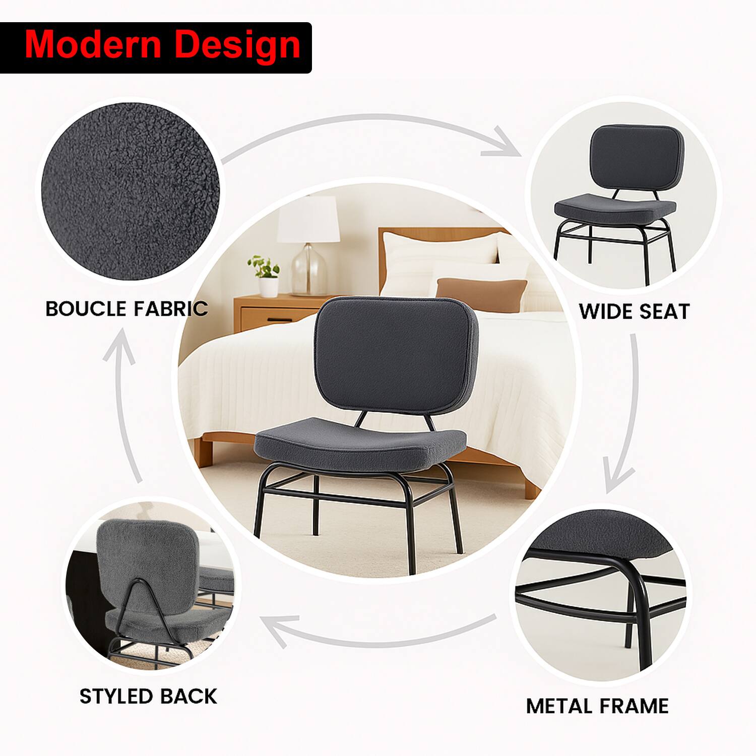 Modern Design

- Boucle Fabric
- Wide Seat
- Styled Back
- Metal Frame