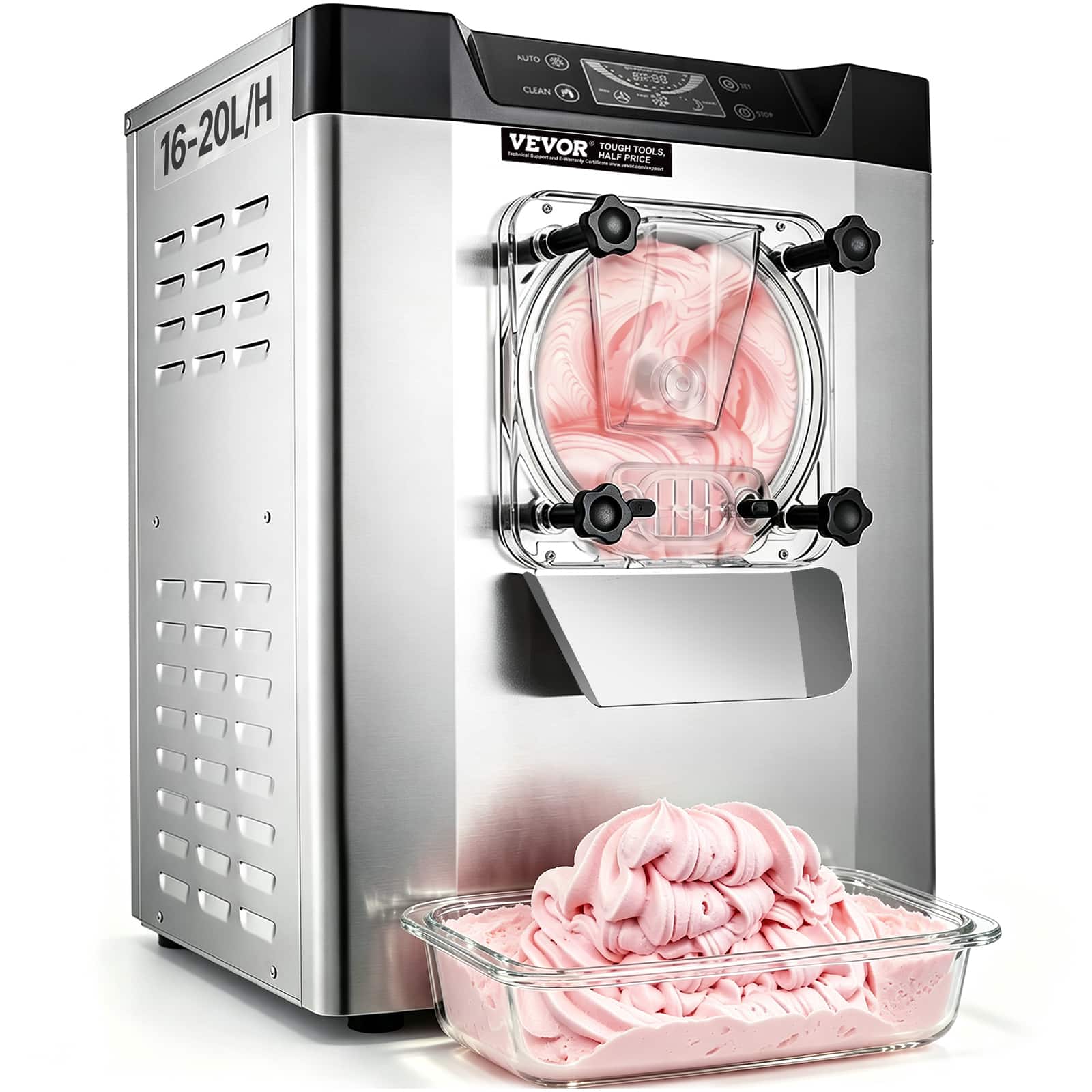 VEVOR - Commercial Ice Cream Machine 1400W 20/5.3 Gph Hard Serve Ice Cream Maker with LED Display Screen Auto Shut-Off Timer - Silver