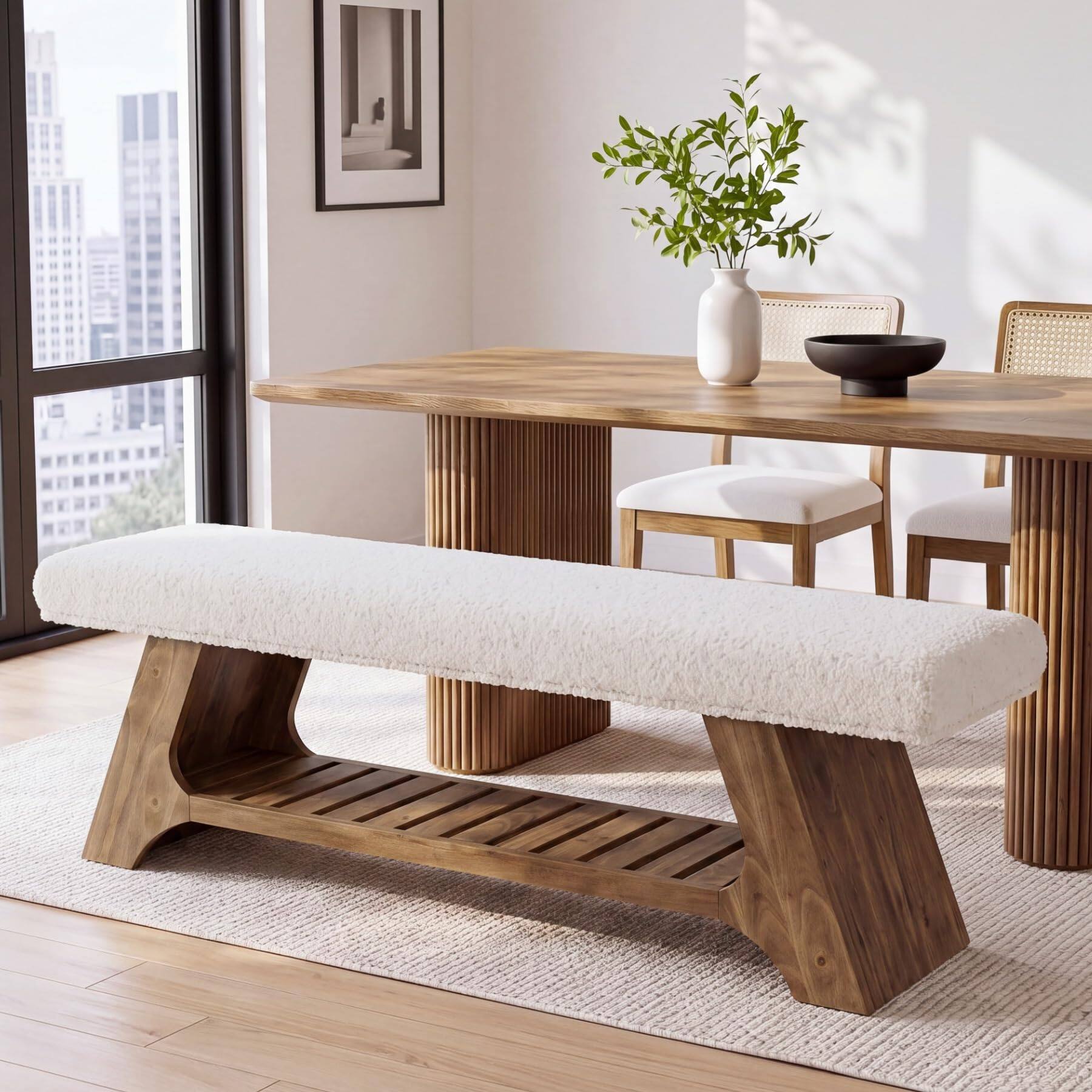 Alt View 2. Tribesigns - Solid Wood Upholstered Bench with Storage, 55" Entryway Bench - Dark Brown.